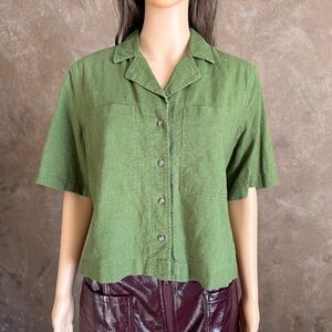 Universal Thread Olive Green Linen Cropped Button-Down Shirt Sz S